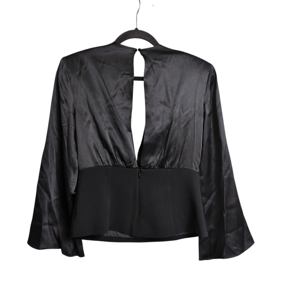 Cinq à Sept Black Satin Plunge Neck Peplum Blouse Bell Sleeves Top | Size 8 - Picture 4 of 8
